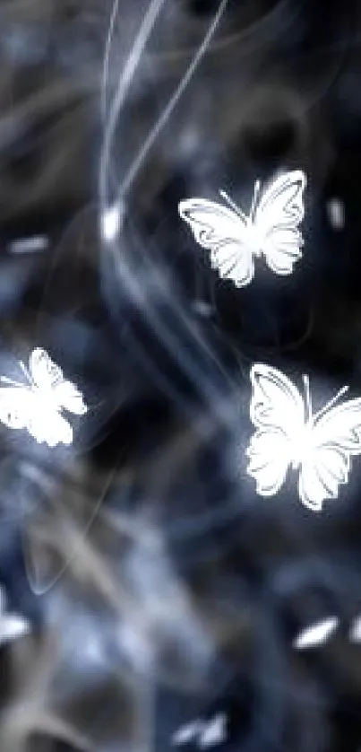 Glowing white butterflies on a black background, creating a mystical wallpaper.