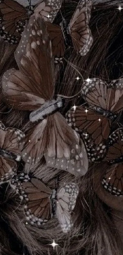 Mobile wallpaper with butterflies in hair design, showcasing natural beauty.