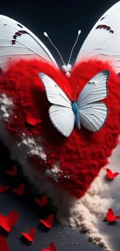 Heart with butterflies on artistic mobile wallpaper.