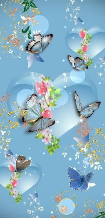 Light blue wallpaper with hearts and butterflies.