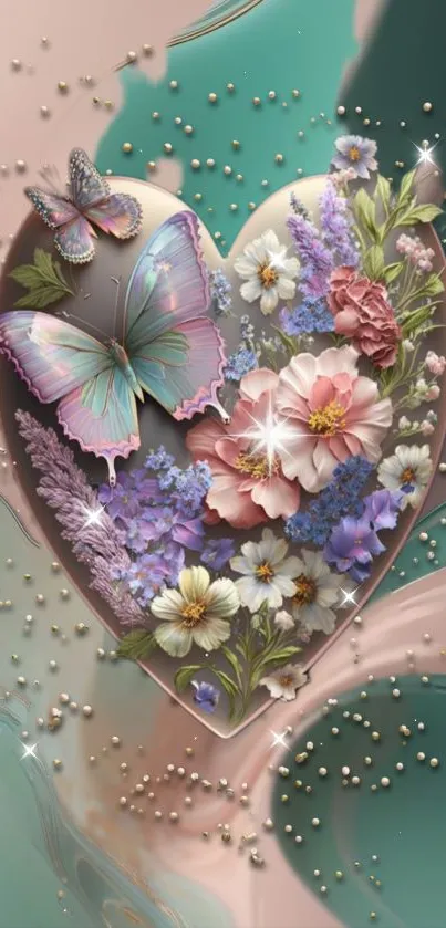 Colorful butterfly heart with flowers on teal pastel background.