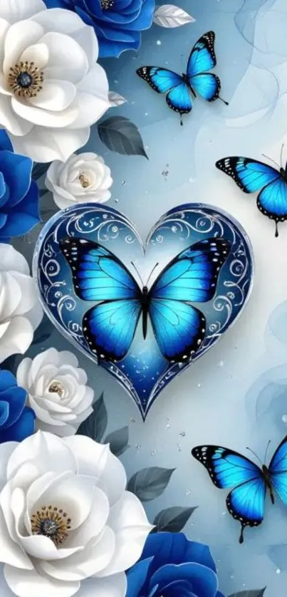 Blue butterflies and floral heart design wallpaper.