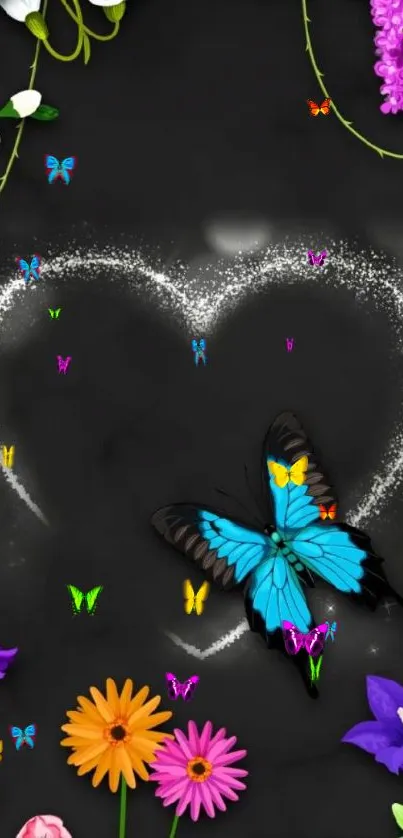 Heart-shaped butterfly wallpaper with colorful flowers.