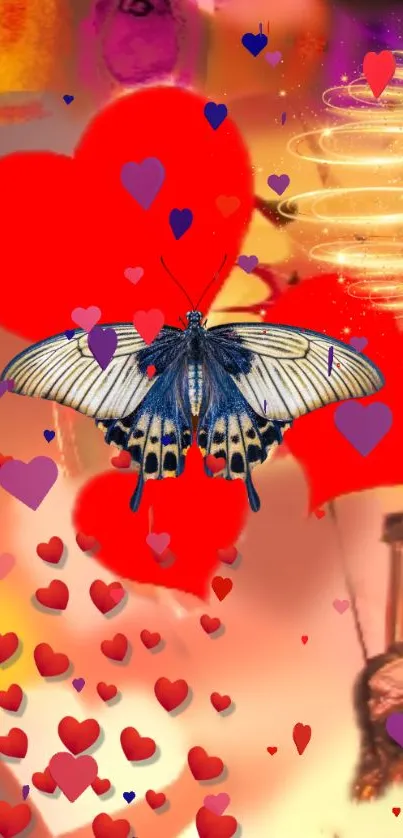 Butterfly with red and purple hearts wallpaper.
