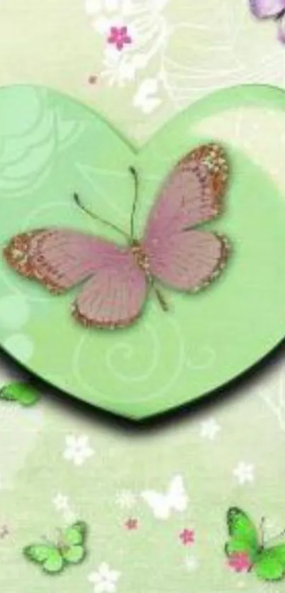 Heart-shaped green background with butterflies.