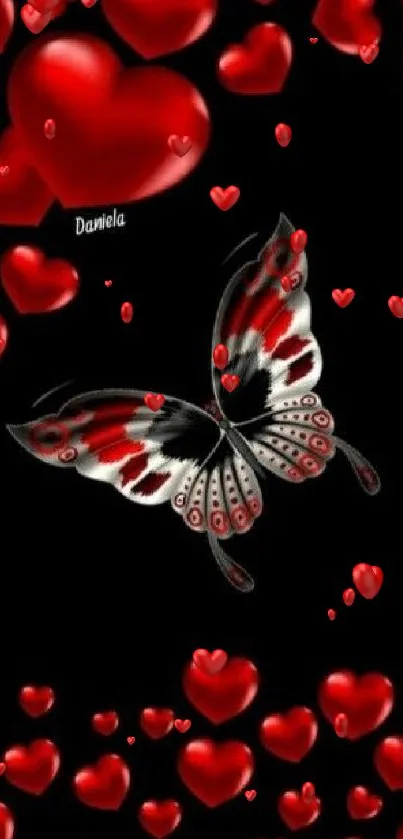 Butterfly on a black background with red hearts mobile wallpaper.