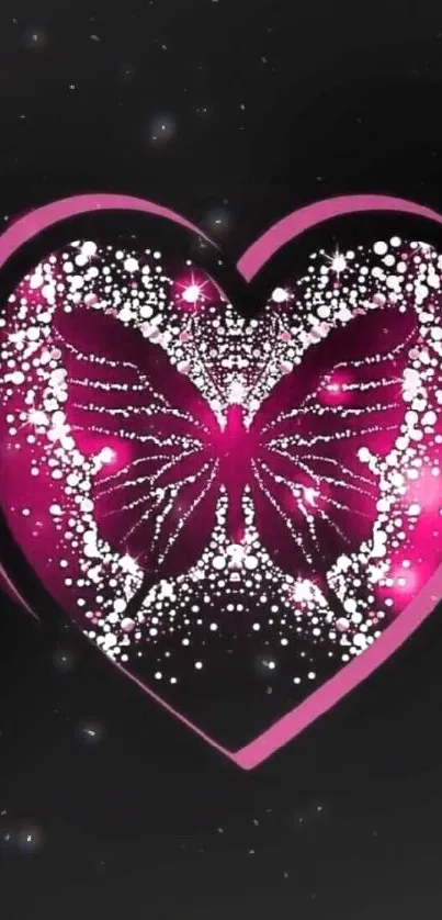 Pink butterfly in heart on black background.