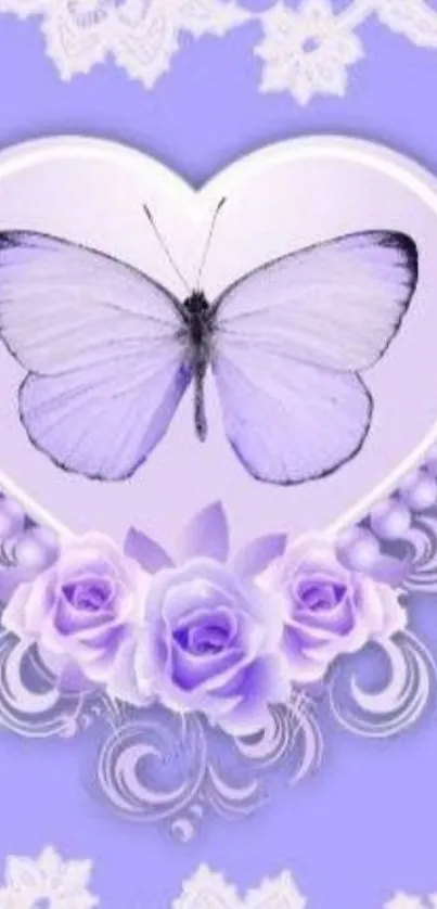 Lavender butterfly with roses and heart design wallpaper.