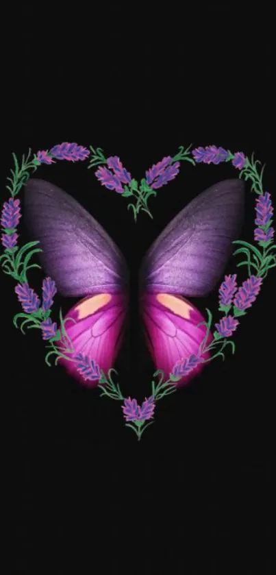 Vibrant butterfly heart wallpaper with purple wings on a black background.