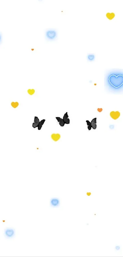 Black butterflies and hearts on a white background mobile wallpaper.