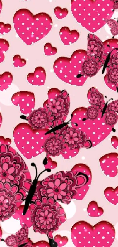 Pink and floral butterfly heart wallpaper.