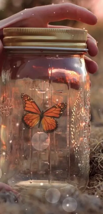 Butterfly inside a mason jar with a serene outdoor background.