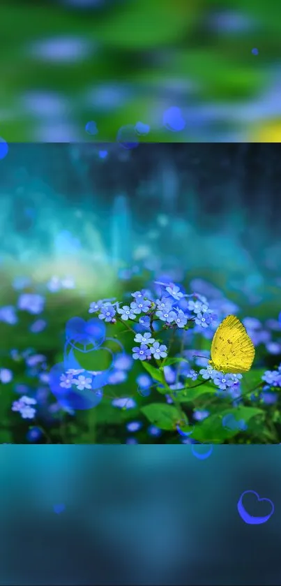 Yellow butterfly resting on blue flowers in a serene nature setting.