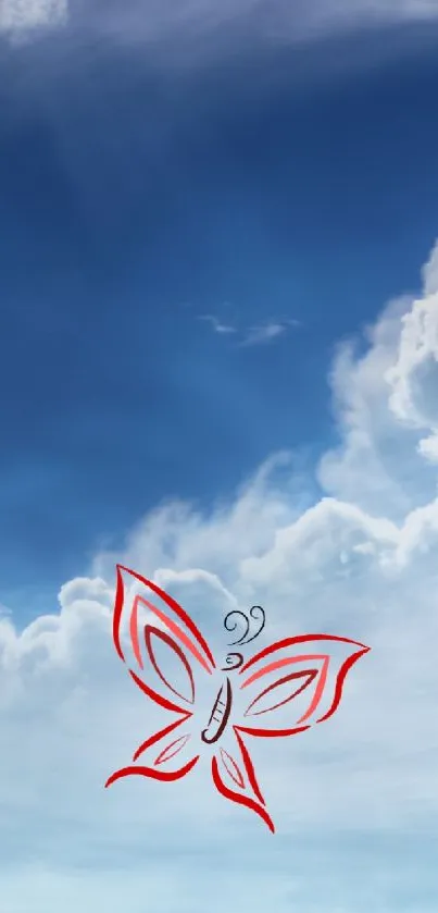 Red butterfly with blue sky and clouds wallpaper.