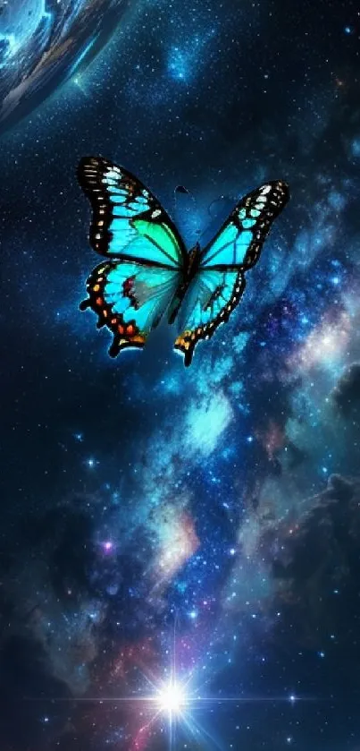 Butterfly soaring through cosmic space with stars and galaxies in the background.