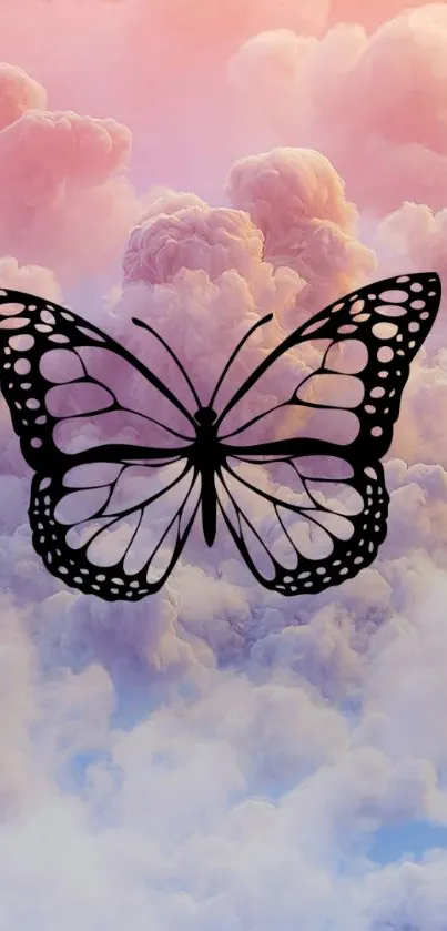 Black butterfly silhouette over pastel clouds wallpaper.