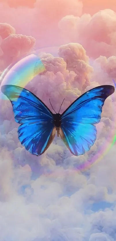 Blue butterfly floating in pastel clouds.