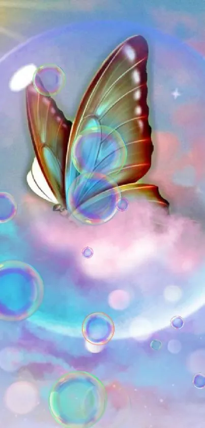 Colorful butterfly inside a dreamy bubble against a soft sky background.