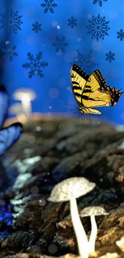 Yellow butterfly and glowing mushrooms on a blue fantasy background.