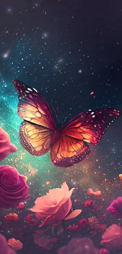 Vivid butterfly in starlit enchanted garden wallpaper.