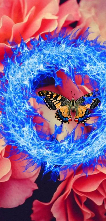 Vibrant butterfly encircled by a blue fiery aura on coral flowers.