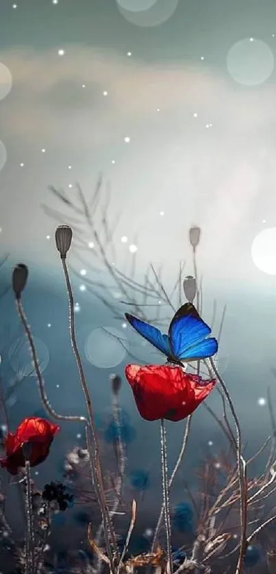 Blue butterfly perched on a red flower in serene nature.