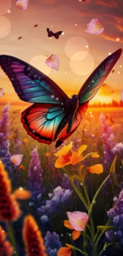 Vibrant butterfly resting in sunset flower field scenery.