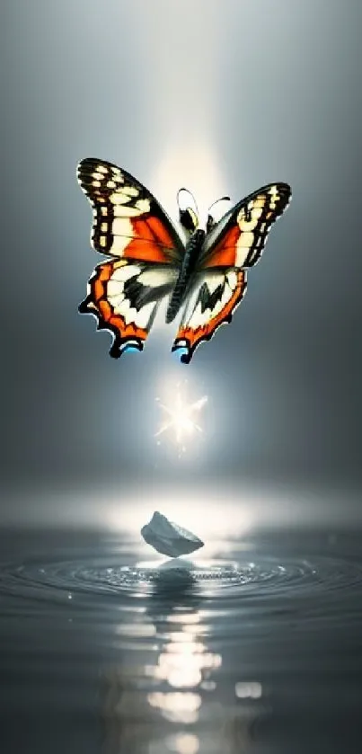 Butterfly hovering over water with radiant light.