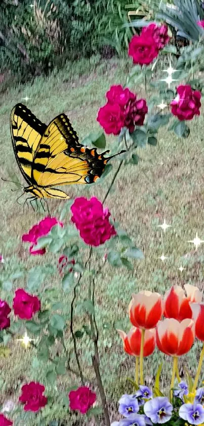 A vibrant garden wallpaper with a butterfly and colorful flowers.