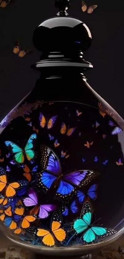 Colorful butterflies in a glass jar creating a fantasy-inspired mobile wallpaper.