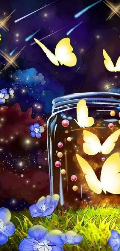 Fantasy butterfly jar with glowing night sky and flowers.