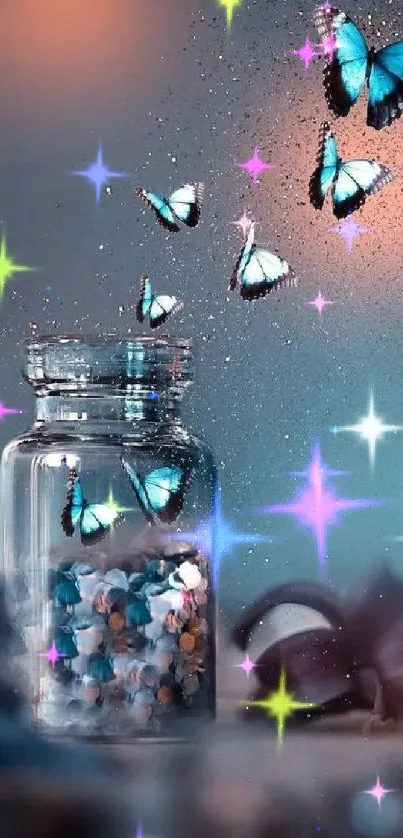 Butterflies escape from a jar against a dreamy blue background.