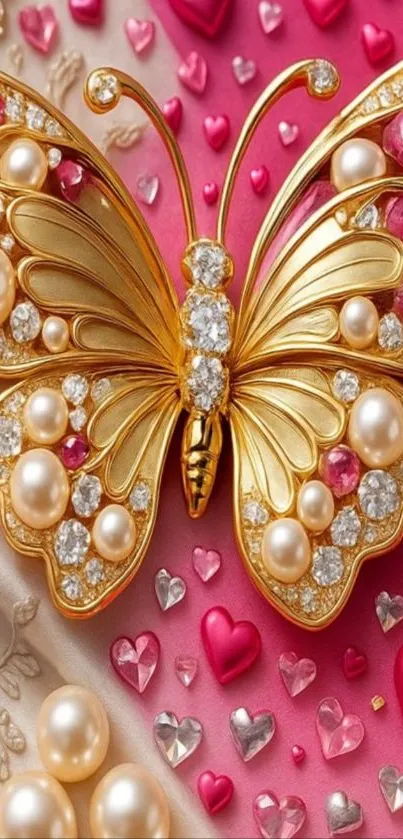 Golden butterfly with pearls and hearts design.