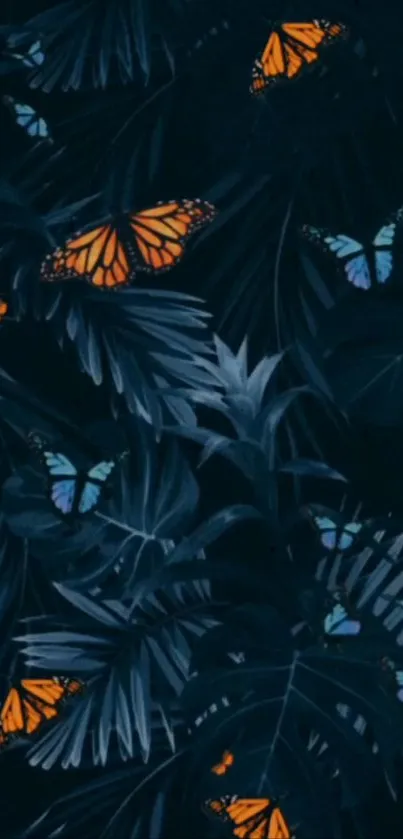 Colorful butterflies on dark leaves wallpaper.