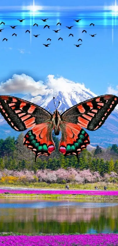 Butterfly with mountain and lake view wallpaper.