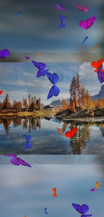 Lakeside mobile wallpaper with butterflies in vibrant autumn colors.