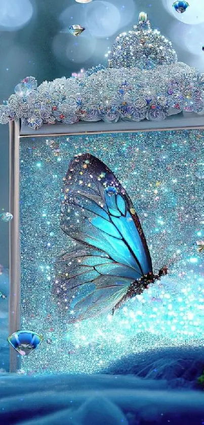 Serene lantern encases a blue butterfly in sparkling light.