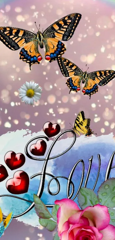 Whimsical wallpaper with butterflies and floral accents.