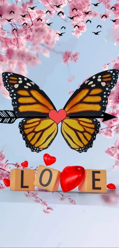 Butterfly love wallpaper with cherry blossoms and heart blocks.