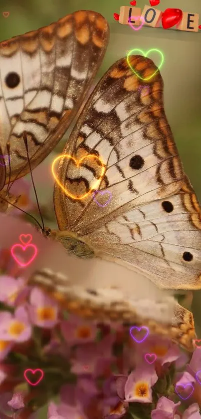 Butterfly and flower mobile wallpaper with heart accents.