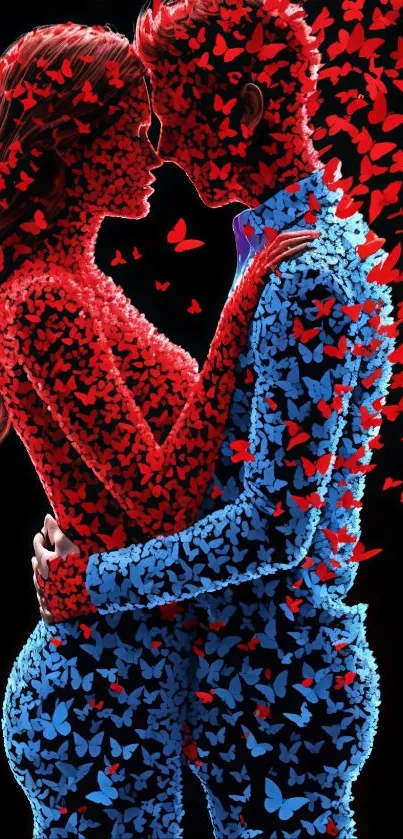 Artistic silhouette of couple in butterflies.