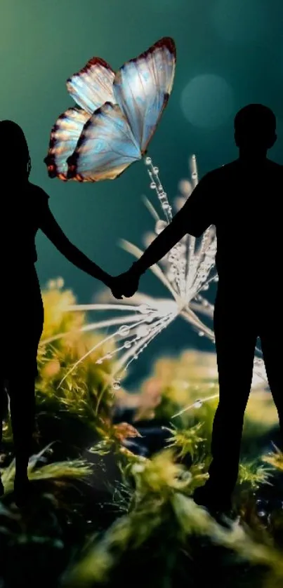 Couple silhouette with butterfly on nature background.