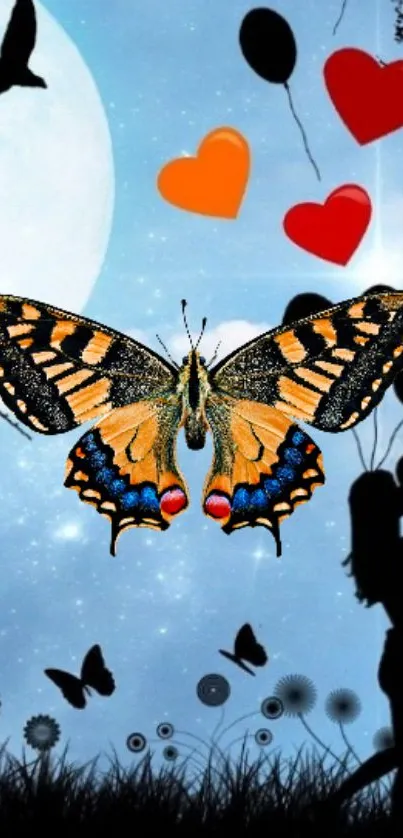 Vibrant butterfly and love silhouette mobile wallpaper.