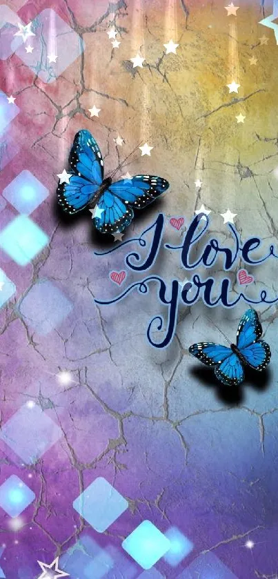 Vibrant wallpaper with blue butterflies and 'I Love You' text on a colorful background.