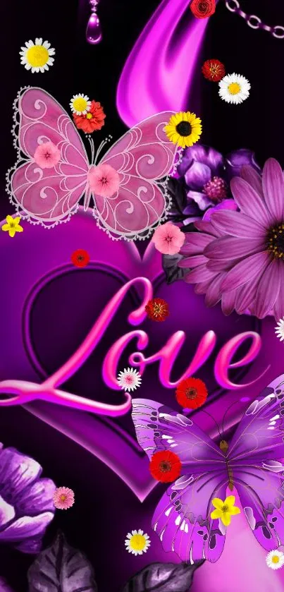 Beautiful wallpaper with purple butterflies and love text.