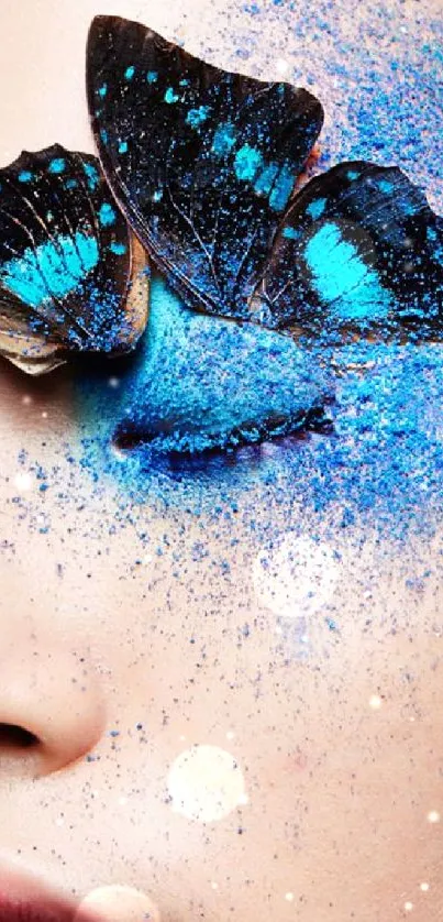 Blue butterfly and artistic makeup on face wallpaper.