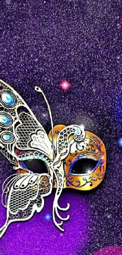 Butterfly mask with cosmic galaxy background on mobile wallpaper.