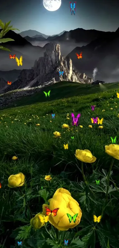 Colorful butterflies flutter over a moonlit meadow.