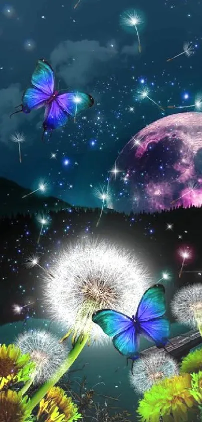 Fantasy wallpaper with butterflies, dandelions, and purple moonlit sky.