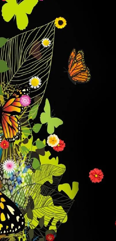 Vibrant butterfly and leaf design on dark wallpaper.